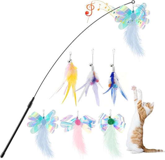 Pawaboo Cat Feather Wand Interactive Toy, 6 Feathers + 1 Wand with Bell | Cat Feather Teaser Toys Flying Catcher Extra Long 34.5" Wand Exerciser Playing Chase Cat Toy Wands for Kitten, Colorful