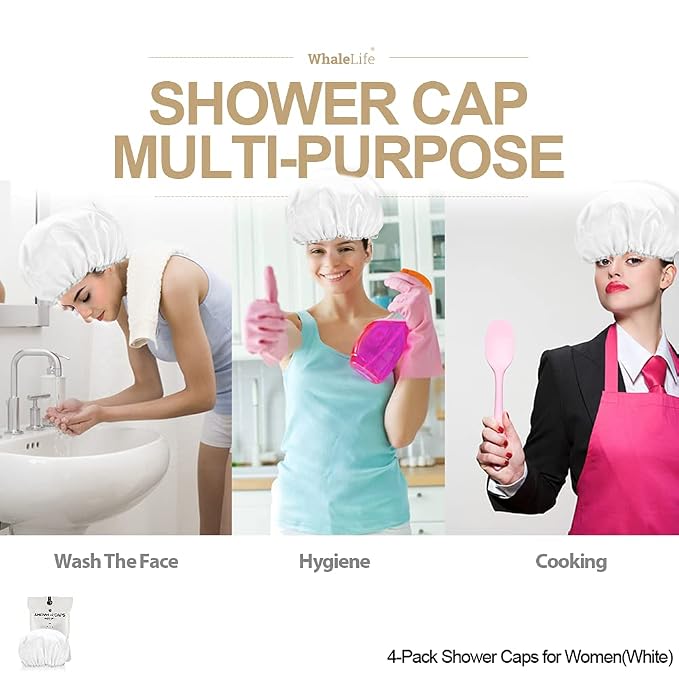 Shower Cap for Women Reusable Extra Large Shower Cap for Men (White 4 Pack Large) Satin Double Layer EVA Waterproof Long Hair Cap | Double Layer 100 Percent Dry Jumbo Oversized Fits Thick Hair Smooth Lining Prevents Hair Frizz Snug Elastic Band No Pres...