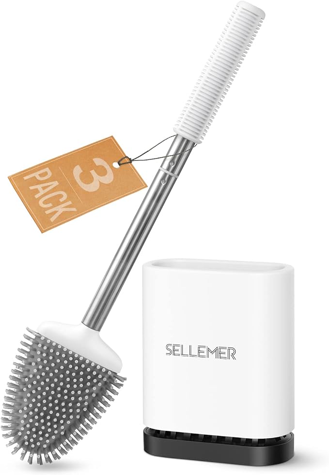 Silicone Toilet Brush, Ventilation Slots Base Holder 3 Pack, White | Flexible Bristles Flat Head for Rim, Hair Tangle-Free, Easy to Clean, Compact Design, Rustproof Handle, for Toilet/Sink/Tub
