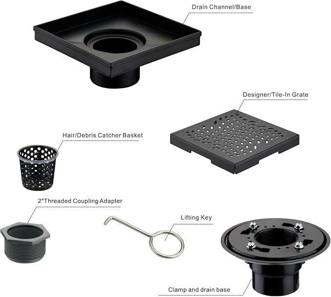Matte Black Shower Drain with Flange, HIDROP SUS 304 Stainless Steel 4 inch Square Shower Floor Drain with Removable Hair Strainer