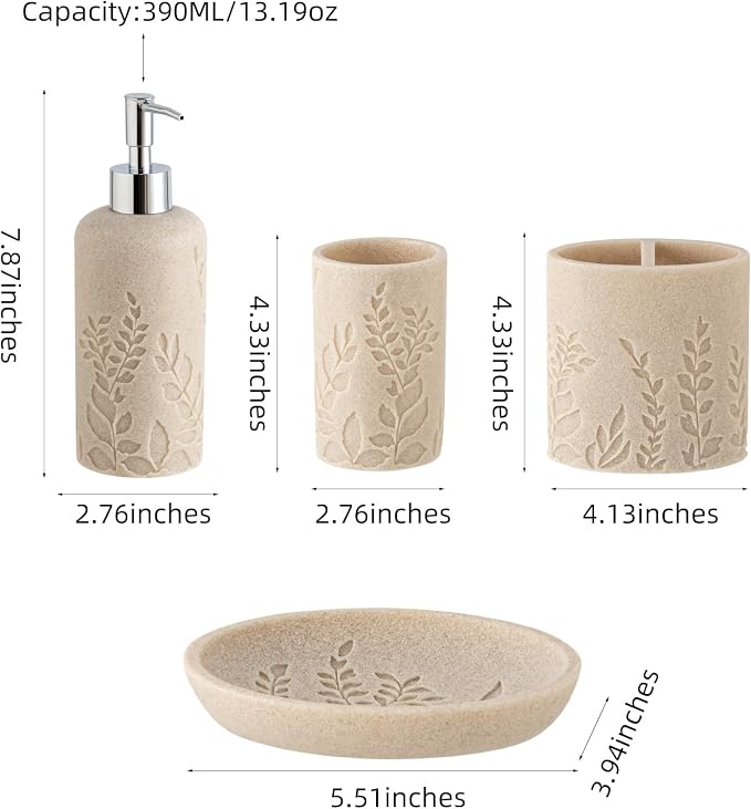 Bathroom Accessories Set, 4 PCS, Sandstone Look Leaf Beach Style | Modern,Minimalist,With Soap Dispenser 13.19 OZ, Toothbrush Holder, Tumbler, Soap Dish, Bathroom Countertop Organizer