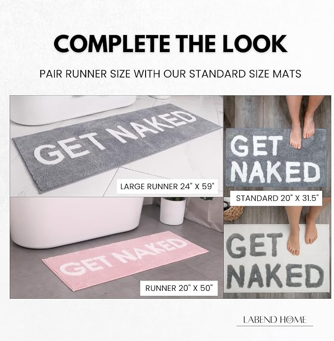 LABEND HOME Get Naked Bath Mat 20"x31.5" - Funny Bathroom Rug, Plush Microfiber Non-Slip Backing, Machine Washable Quick-Dry Bath Decor - White