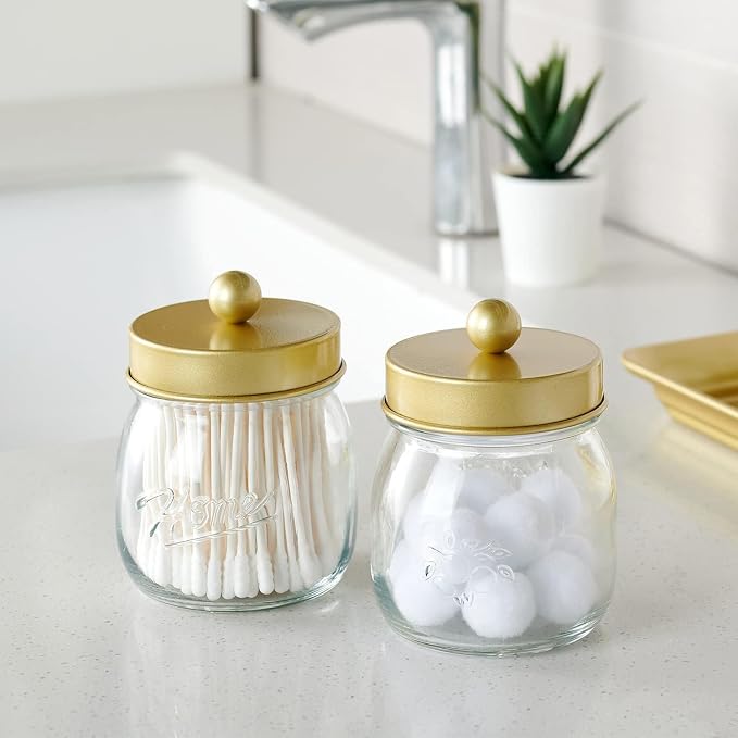 SheeChung Small Glass Mason Jar Qtip Holder with Gold Stainless Steel Lid | Clear Apothecary Jar Canisters Set,Bathroom Jar Dispenser,Vanity Storage Organizer for Cotton Swab,Ball,Floss,Farmhouse Decor