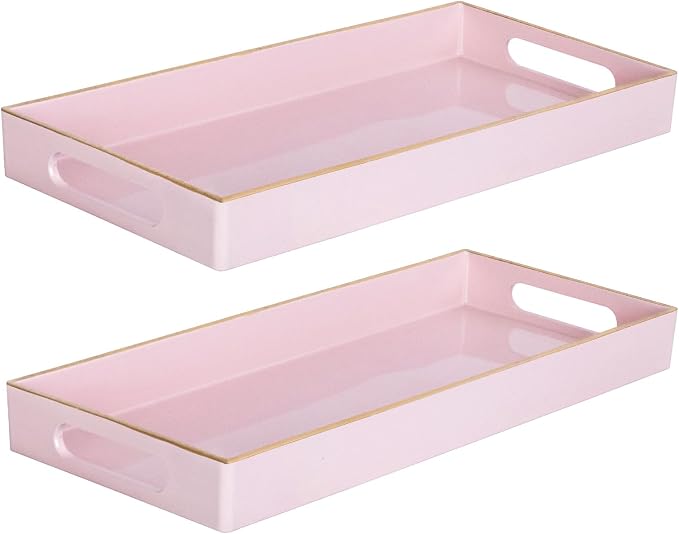 MAONAME Pink Vanity Tray Set of 2, Plastic Decorative Tray with Handles, Long Narrow Trays, Small Bathroom Trays for Toilet Tank, 13.8" X 6" X 1.57"