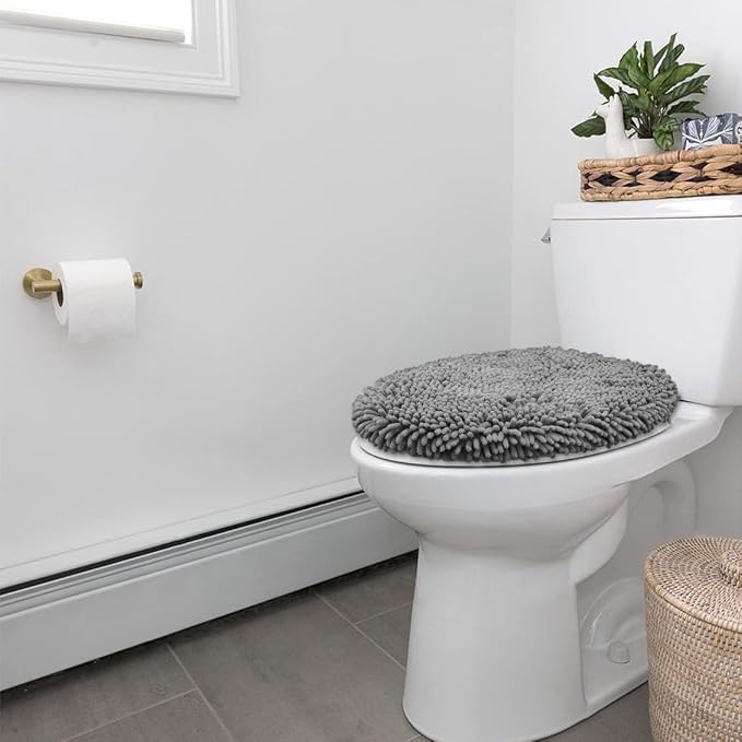 LuxUrux Toilet Lid Cover with Stretch Fit Elastic Band – Chenille Microfiber Toilet Seat Non-Slip Cover for Bathroom – Soft Plush, Machine Wash And Dry, Comfort & Clean Look (18 x 21'', Light Gray)