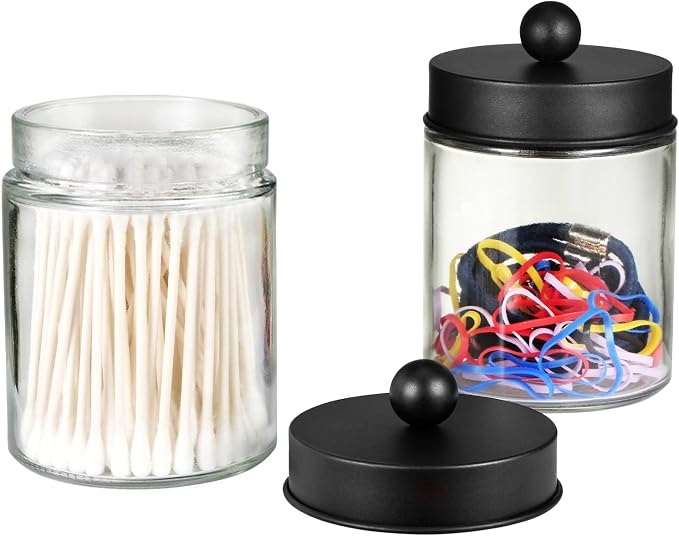 SheeChung 3 Pack Glass Qtip Holder with Black Stainless Steel Lids | Apothecary Jars with Stickers, Modern Farmhouse Bathroom Vanity Organizer for Cotton Swabs, Balls, Pads