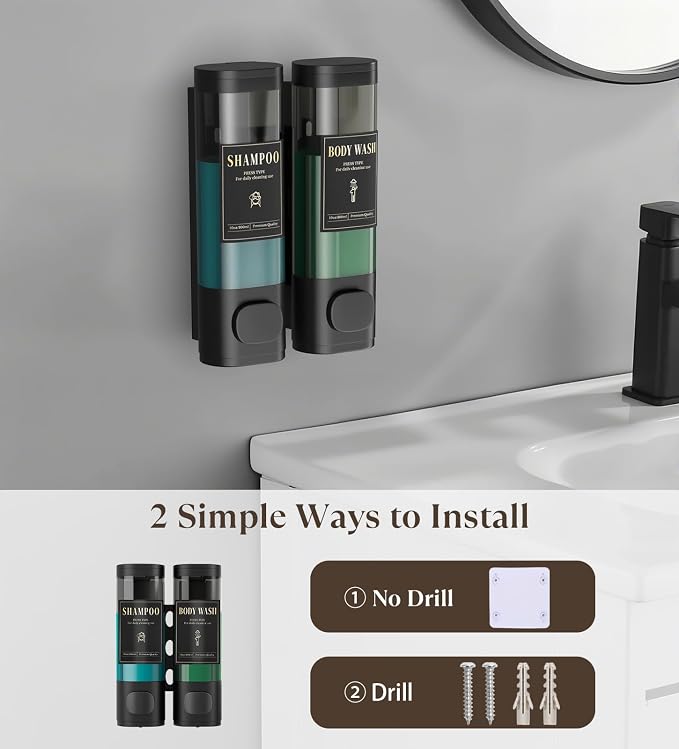 Luxspire Shampoo and Conditioner Dispenser, Shower Soap Dispenser 2-Chamber | Lockable Large Capacity 600ml No-Drill Wall-Mounted Shampoo and Body Wash Dispenser for Bathroom Hotel Kitchen Airbnb