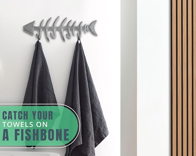 Comfify Antique White Fish Bones Cast Iron Wall Hook Rack – 4 Hooks, Screws | Antique White; fish bones cast iron; 9.05"L x 3.34"H; 4 hooks; screws & anchors included; coastal decor