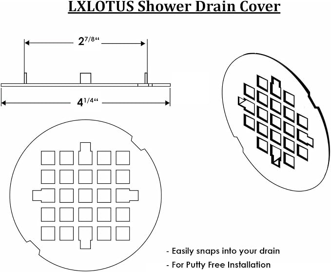 4 ¼” White Snap-in Shower Drain Cover - Stainless Steel Replacement - 4.25" OD Shower Drain Strainer - Easy Install - Premium Round Shower Drain Cover - Solid Brass Construction