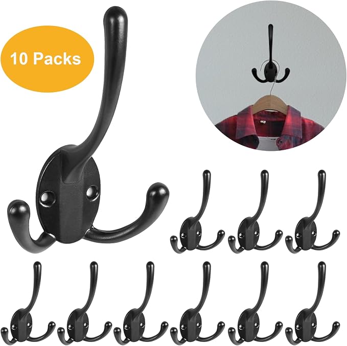 Wall Mounted Coat Hooks 10 Packs Heavy Duty Black Hardware Robe Hooks Decorative for Single Hanging Coats Towel Cubicle Classroom Kitchen Bath Backpack Hat Hook