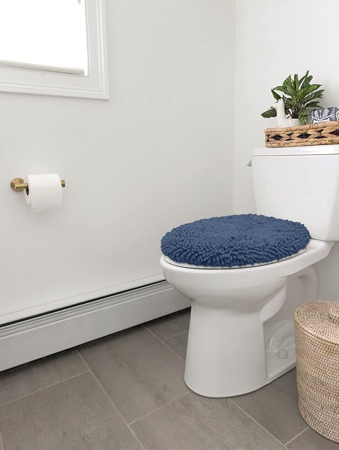 LuxUrux Toilet Lid Cover with Stretch Fit Elastic Band – Chenille Microfiber Toilet Seat Non-Slip Cover for Bathroom – Soft Plush, Machine Wash And Dry, Comfort & Clean Look (18 x 18'', Medium Blue)