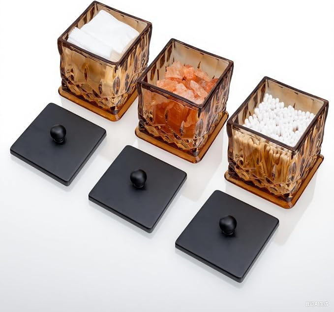 15Oz Amber Glass Q-Tip Holder, Thick Glass & Matte Black Lid | Square Design, for Q-Tips, Cotton Pads, Jewelry, Candy, Square