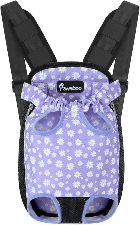 Pawaboo Pet Front Carrier Backpack for Small Medium Dogs | Legs Out Easy-fit,Adjustable Straps,Hands-Free,Soft Padded Support for Travel Hiking Cycling Camping,Black Purple Daisy,M