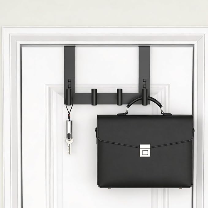 PMMASTO Over The Door Hooks, Fits 1-3/4" Thick Door No Drill Hooks for Closet Bathroom Bedroom Organization, Hanger for Coat Towel Robe (Black, 4 T-Hooks)