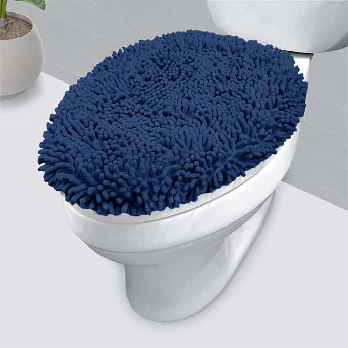LuxUrux Toilet Lid Cover with Stretch Fit Elastic Band – Chenille Microfiber Toilet Seat Non-Slip Cover for Bathroom – Soft Plush, Machine Wash And Dry, Comfort & Clean Look (18 x 21'', Blue)