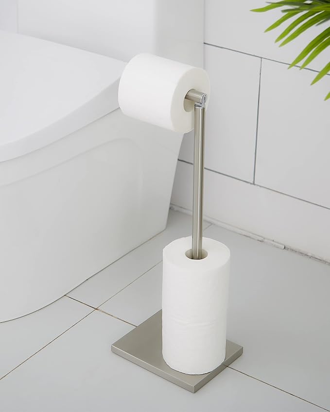 Toilet Paper Holder Stand, Free Standing Toilet Paper Roll Holder with Reserve for Bathroom, Stainless Steel DECLUTTR
