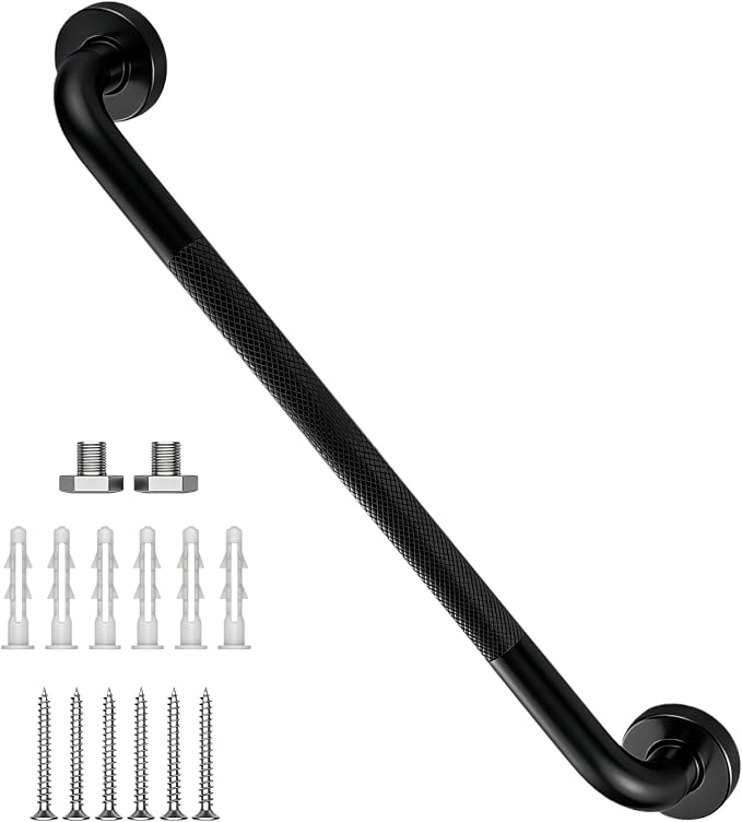 24 Inch Black Shower Grab Bar, XIANTHUS 1.25" Dia Anti Slip Safety Bars, 304 Stainless Steel Bathroom Handicap Grab Bars Handrail for Wall, Shower Grip Handle for Seniors Elderly Injury Assist Bath