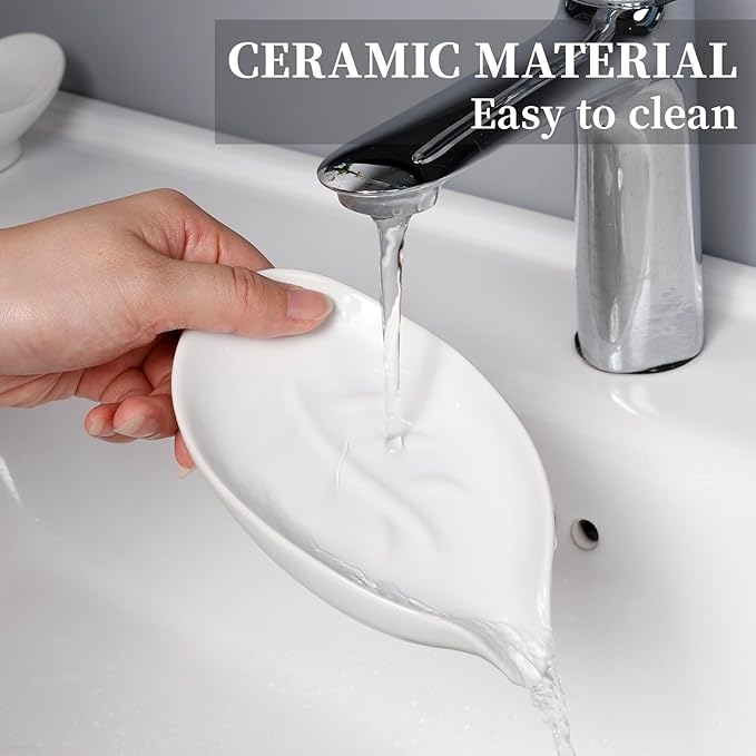 Soap Holder, Self-Draining Soap Dish, White Leaf Shape Ceramic Bar Soap Holder Drain Soap Dishes for Bathroom Sink Kitchen, Easy to Clean Keeps Soap Dry, ANTIS'S HOME