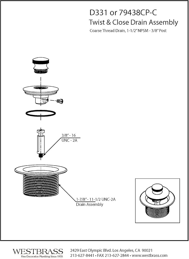 Westbrass D3324-12 1-1/2" NPSM Pull & Drain Bathtub Plug, Coarse Thread, Oil Rubbed Bronze
