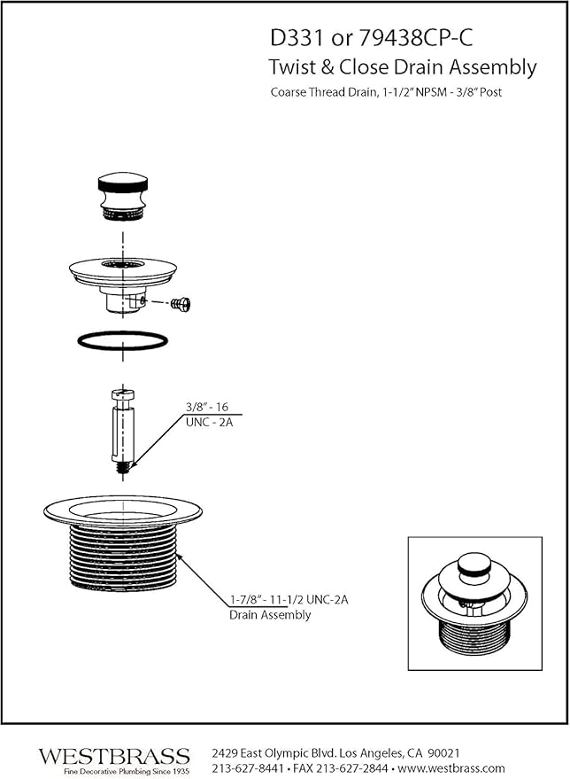 Westbrass D3324-05 1-1/2" NPSM Pull & Drain Bathtub Plug, Coarse Thread, Polished Nickel