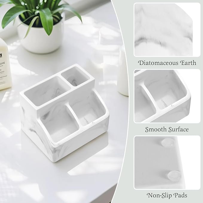 Luxspire Diatomite Toothbrush Holder, 4 Slots, Marble White | Fast Drying, Diatomaceous Earth, Electric Tooth Brush and Toothpaste Organizer, For Bathroom Kitchen Vanity Countertop