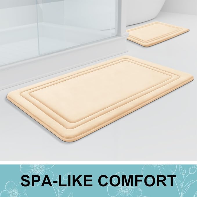 Grandaily Memory Foam Bath Mat Rug 24x16, Ultra Soft, Non-Slip and Absorbent Bathroom Rugs, Machine Wash Dry, Comfortable Bath Carpet for Bathroom Floor, Tub and Shower, Beige