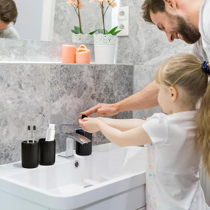 Black Bathroom Accessories Set, 4PC Ceramic Bathroom Sets Complete-Toothbrush Holders, Soap Dispenser, Vanity Tray, Toothbrush Cup, Sleek Black Bathroom Decor, Housewarming Gifts