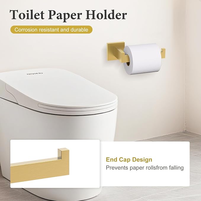 TURS Brushed Gold Bathroom Accessory Set 4-Pieces Bathroom Hardware Set Square Towel Bar Set Stainless Steel Towel Holder Set