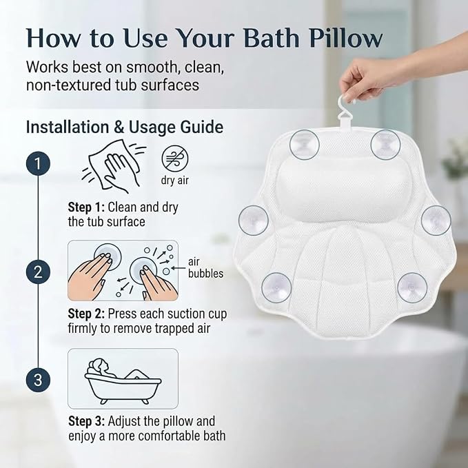 Spa Bath Pillow for Tub — Bathtub Pillow for Head Neck & Back Support, Ergonomic 4D Air Mesh, 6 Suction Cups (Smooth Tubs Only), Machine Washable with Laundry Bag