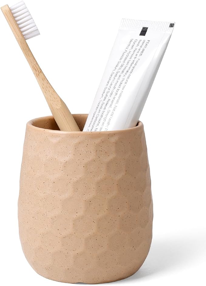 Toothbrush Holder, Tooth Brush Holder for Bathroom - Ceramic Toothbrush Cup Toothbrush Holders Countertop, Khaki Makeup Brush Holder Pen Holder, 3.62" x 3.62" x 3.93", ANTIS'S HOME