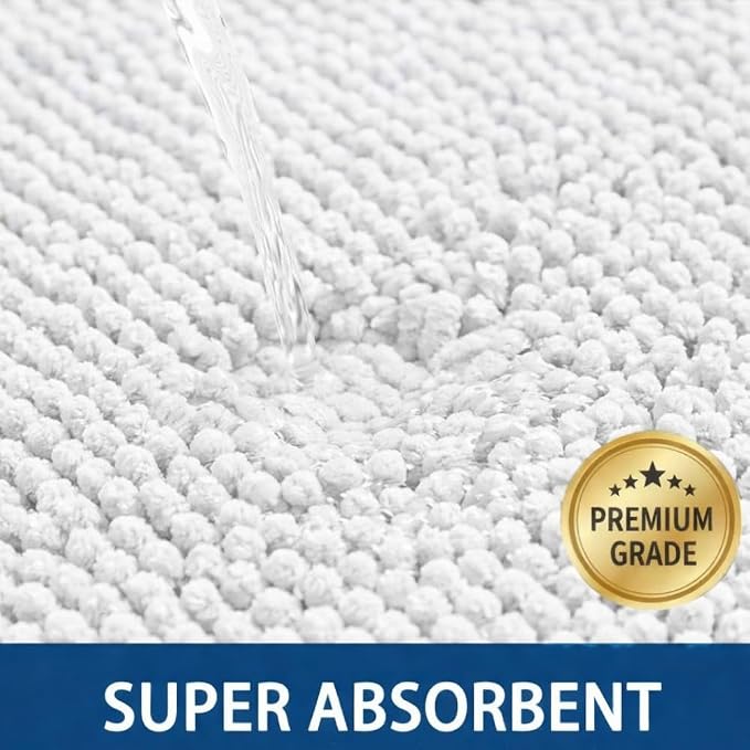 Bathroom Rugs Sets 2 Piece,Super Absorbent Chenille Bath Mats and U-Shaped Toilet Rug,Strong PVC Non Slip Backing,Microfiber Washable Dry Quickly Bath Mats for Bathroom(20"x32"+20"x20"U,White)