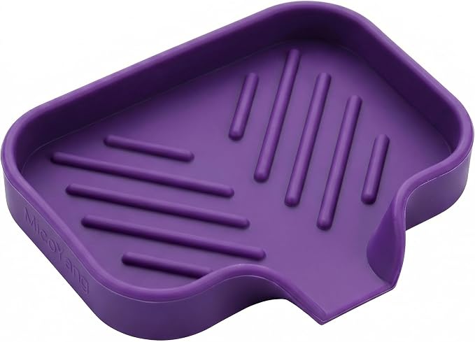 MicoYang Silicone Soap Dish with Drain Spout, Self-Draining Sink Organizer Tray for Bathroom and Kitchen, Sponges, Dispensers and Soap Holder, Non-Slip and Dishwasher Safe, Purple (Compact, 4.9"×3.2")