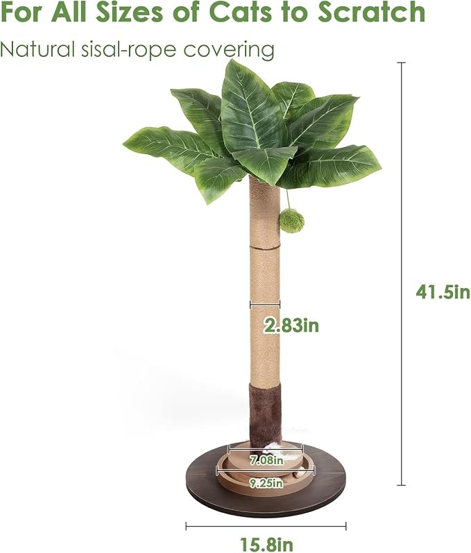 35" Sisal Rope Cat Scratching Post, Palm Leaf Cat Tree with Hanging Ball & Mouse Toy for Kittens & Adult Indoor Cats