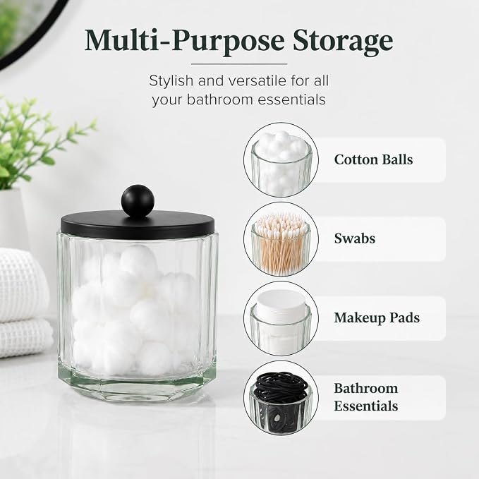Sage Green Translucent Apothecary Octagional Shaped Glass Canister Jar With Black Metal Lid Cover for Bathroom Organization, Cotton Balls, Q Tips, and Small Accessories, Bathroom Storage