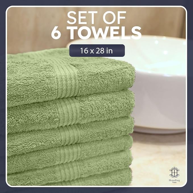 Luxe 6-Piece Hand Towel Set – Soft & Absorbent Cotton, Hotel Quality, Quick-Drying, Easy Care, 16 x 28 in (Sage Green)