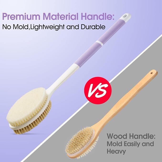 Back Scrubber Anti Slip for Shower, Long Handle Bath Brush with Stiff and Soft Bristles for Exfoliation, Dual-Use Shower and Dry Body Brush(Purple)