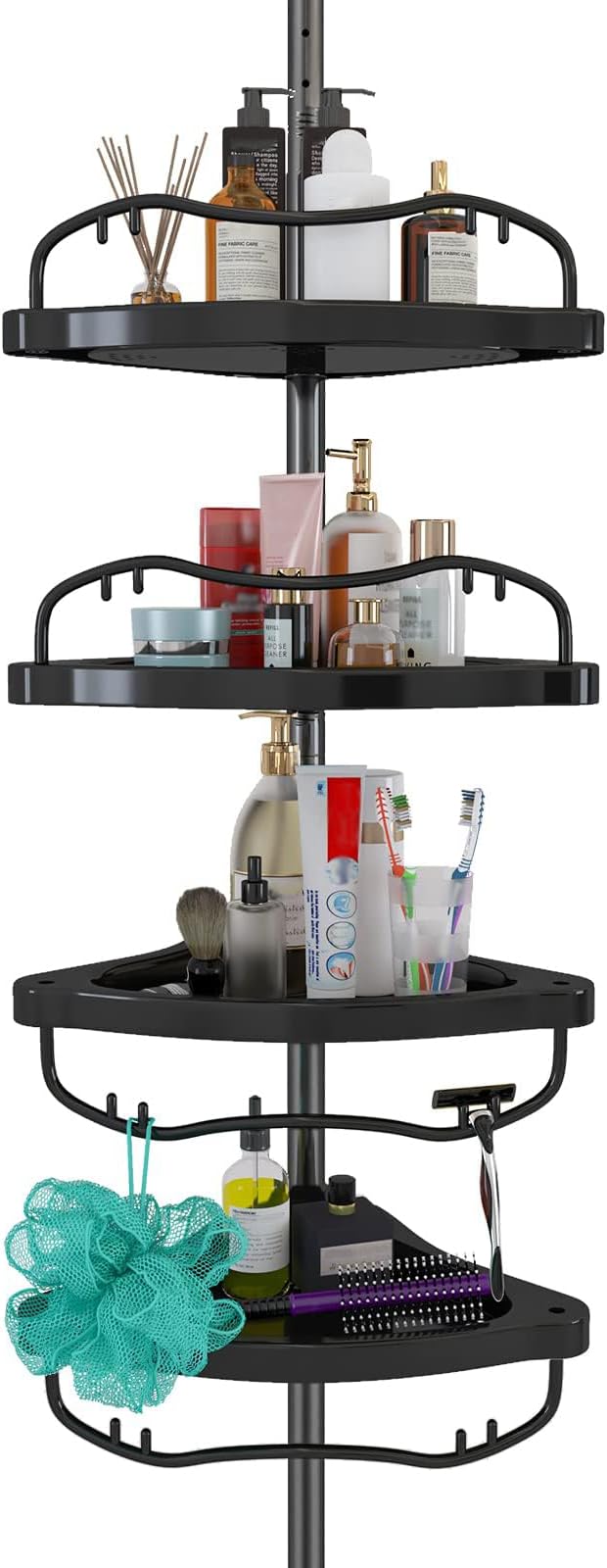 Shower Caddy,Shower Caddy Tension Pole with 4 ABS Baskets,Shower Storage Shelf with 56 to 125 Inch Adjustable Stainless Pole for Bathroom Black