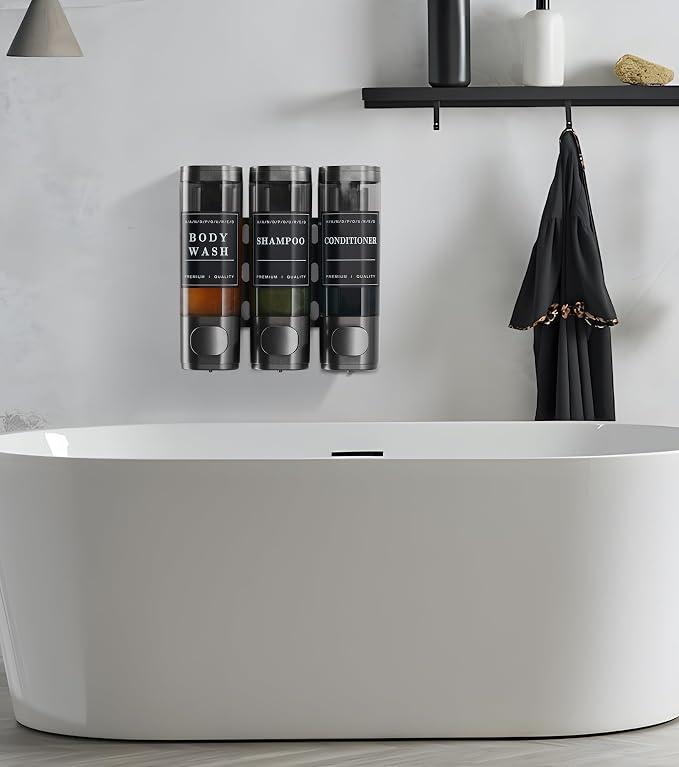 Cabo Deseado Shower Soap Dispenser Wall Mounted No Drill Shampoo Dispenser for Shower Wall Shampoo and Conditioner Dispenser Bathroom Hotel 3 * 350ml Gungray with Labels