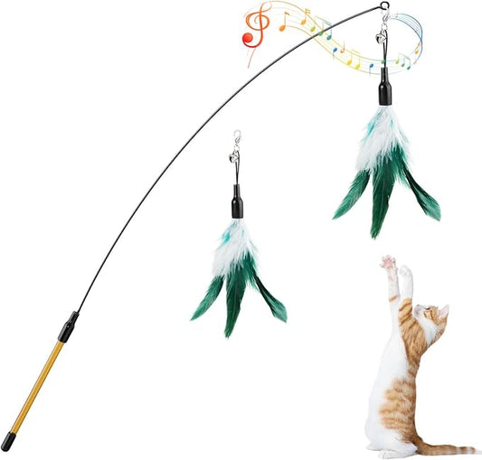 Pawaboo Cat Feather Wand Interactive Toy, 2 Feathers + 1 Wand with Bell | Cat Feather Teaser Toys Flying Catcher Extra Long 34.5" Wand Exerciser Playing Chase Cat Toy Wands for Kitten, White & Green