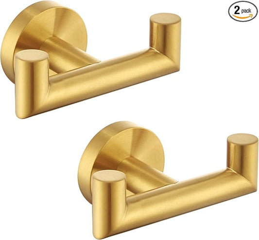 Angle Simple Towel Double Hook Brushed Dark Gold 2 PCS, SUS304 Stainless Steel Bathroom Hand Towel Holder, Double Robe Hook, Wall Mount