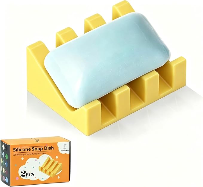 Self Draining Silicone Soap Dish Holder Waterfall Tray, 1 Pack Yellow | Waterfall design drains fast to keep soap dry, non-slip silicone base anti slide, soap saver for bathroom & kitchen