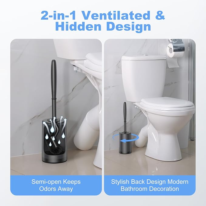 HAMITOR Toilet Bowl Brush Holder Set: Curved Design with Holder for Deep Cleaning Under Rim - Compact Hidden Cleaner Scrubber for Small Space - Home RV Bathroom Accessories - Black 2 Pack