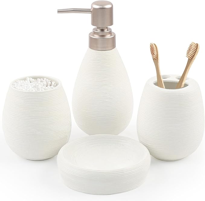 CERBIOR Bathroom Accessories Set,4 PCS Ceramic Bath Accessory,White | Includes Toothbrush Holder, Toothbrush Cup, Soap Dish for Decorative Countertop and Housewarming Gift