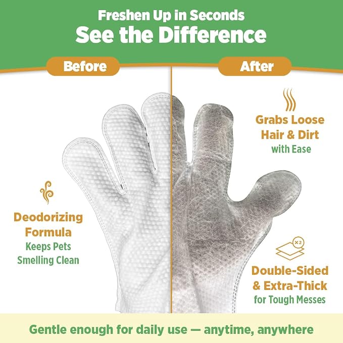 12pc. Premium Pet Glove Cleaning Wipes for Dogs & Cats | Textured, Deodorizing & Hypoallergenic Gloves with Aloe Vera & Shea Butter – Gentle, Skin-Safe Wipes for Fur, Face & Body, Odor Control