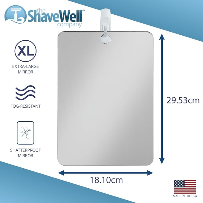 Shave Well X-Large Anti-Fog Shaving Mirror with Removable Adhesive Hook | XL Fogless Hanging Bathroom Shower Mirror with Handheld Option | Includes Long-Lasting Removable Adhesive Hook for Wall