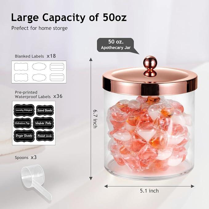 SheeChung 3 Pack 50 Oz Large Apothecary Jar with Rose Gold Rust-Proof Lid - Shatterproof Plastic Laundry Pods Container - Chic Rose Gold Bathroom & Vanity Storage Organizer for Scent Beads, Salts