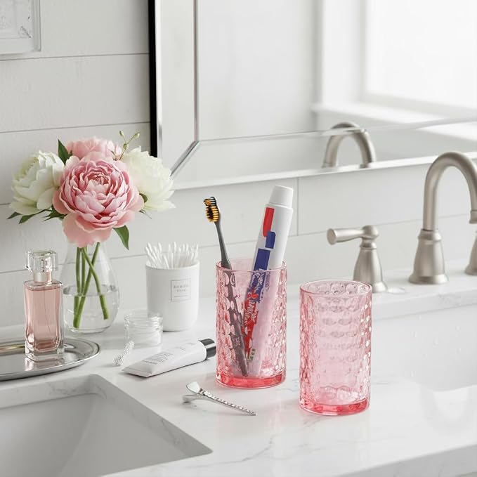 Glass Toothbrush Holder, Pink Bathroom Toothbrush and Toothpaste Holder Set, 11 oz Bathroom Tumbler Cup Set, Decorative Countertop Storage Cups Organizer for Toothpaste, Brushes
