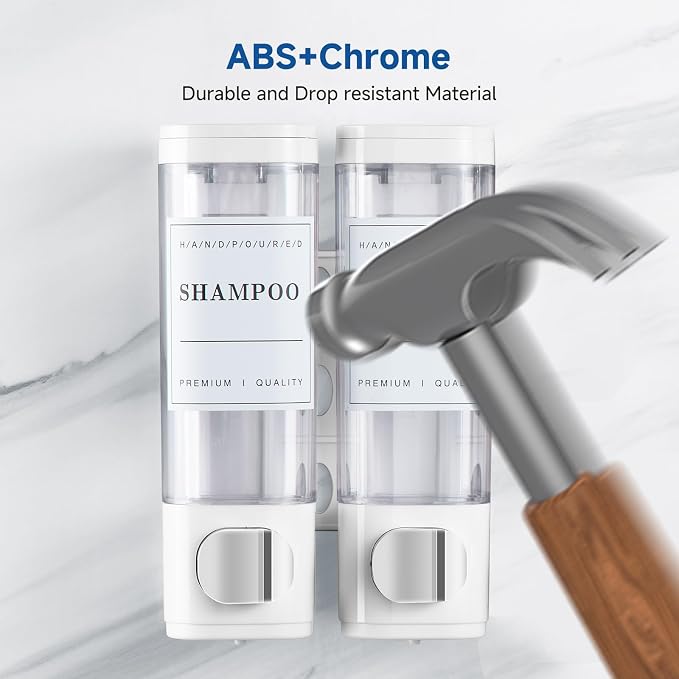 Shampoo and Conditioner Dispenser Bathroom Shower Soap Dispenser Wall Mounted Shampoo Dispenser for Shower Wall No Drill 2 * 300ml White 2 Chamber with Waterproof Labels Self