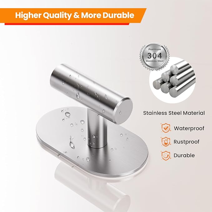 Aikzik Silver Adhesive Hooks Heavy Duty, Wall Hooks for Shower, Bathroom, Towel, Coat, Robe, Stainless Steel Hooks for Hanging, Waterproof & Rustproof Sticky Hooks for Walls No Damage- 2 Pack