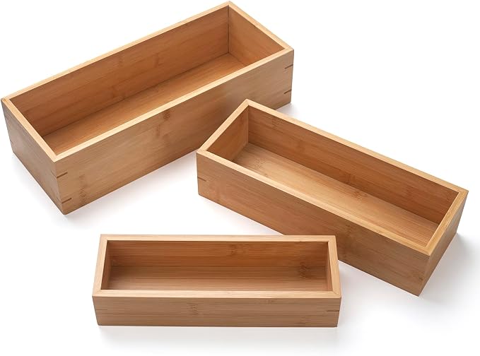 3Pcs Bamboo Bathroom Basket, Wood Bathroom Organizer, Wooden Basket Tray for Counter Toilet Tank Top, Home Decor Wood Box for Toilet Paper Storage